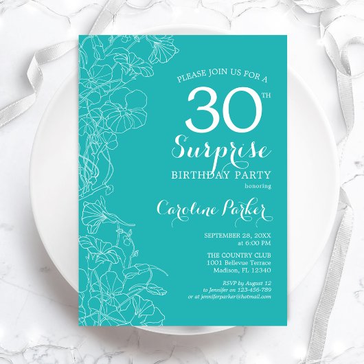 Invitation Surprise 30e fête d'anniversaire - Floral Turquois