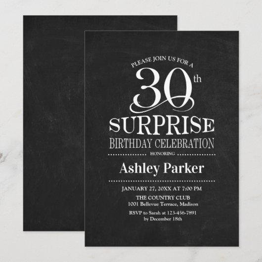 Invitation Surprise 30e fête d'anniversaire - Noir Blanc (Devant / Derrière)