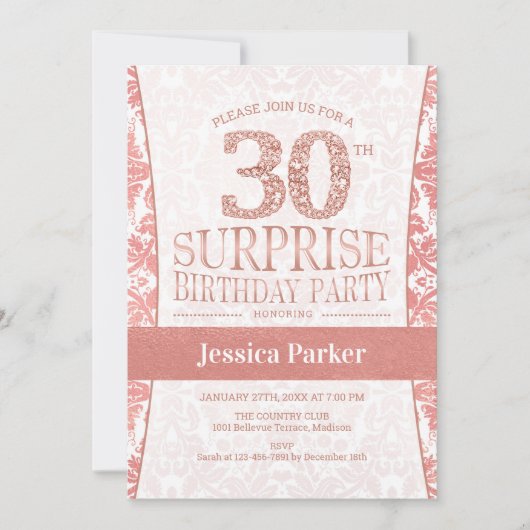 Invitation Surprise 30e fête d'anniversaire - Rose Gold White (Devant)