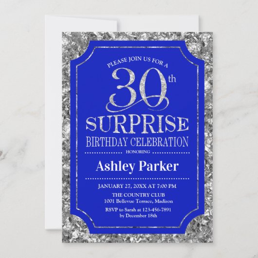 Invitation Surprise 30e fête d'anniversaire - Silver Royal Bl (Devant)