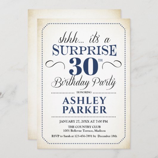 Invitation Surprise 30e fête d'anniversaire - White Navy (Devant / Derrière)