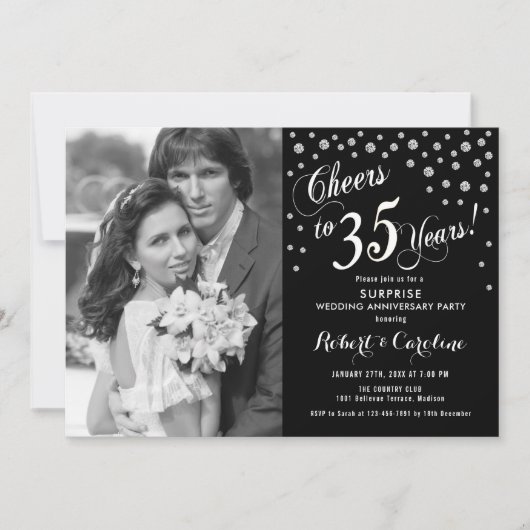 Invitation Surprise 35e anniversaire avec photo argent noir (Devant)