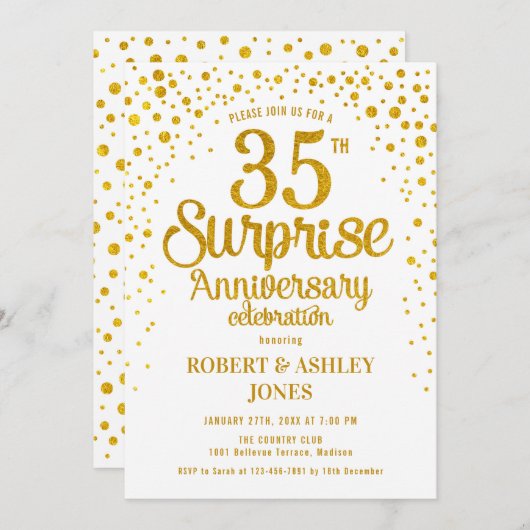 Invitation Surprise 35e anniversaire de mariage - Or et blanc (Devant / Derrière)