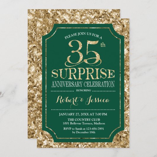 Invitation Surprise 35e anniversaire de mariage - Vert Or (Devant / Derrière)