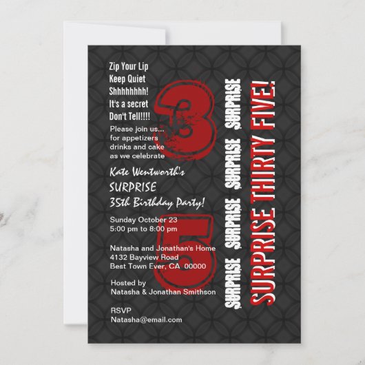 Invitation SURPRISE 35e anniversaire moderne Red Black White (Devant)