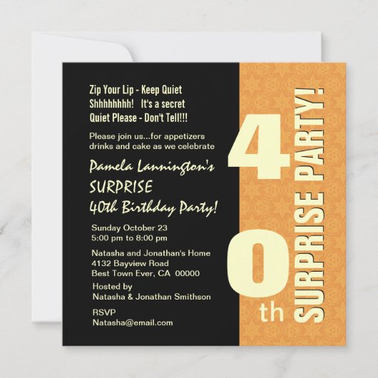 Invitation SURPRISE 40e année Anniversaire Or et noir W577 (Devant)