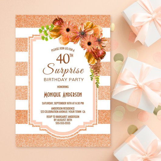 Invitation Surprise 40e anniversaire Apricot rayé floral