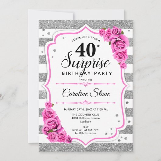 Invitation Surprise 40e anniversaire - Argent blanc rose (Devant)
