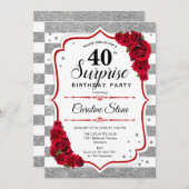 Invitation Surprise 40e anniversaire - Argent Blanc Rouge (Devant / Derrière)