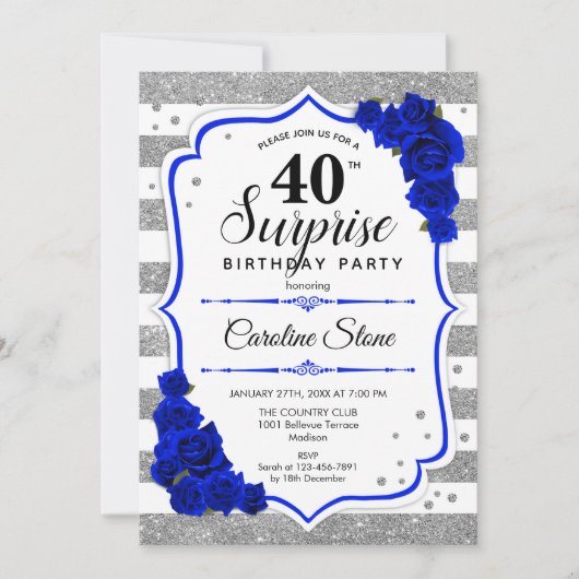 Invitation Surprise 40e anniversaire - Argent Blanc Royal Blu (Devant)