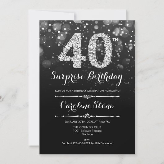 Invitation Surprise 40e anniversaire - Argent noir (Devant)