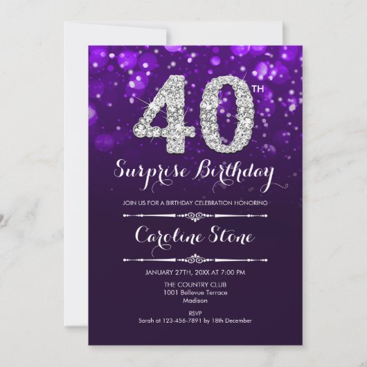 Invitation Surprise 40e anniversaire - Argent violet (Devant)