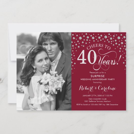 Invitation Surprise 40e anniversaire avec photo rouge argent (Devant)
