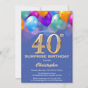 Invitation Surprise 40e anniversaire Ballons bleu et or