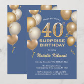 Invitation Surprise 40e anniversaire Ballons bleu et or (Devant / Derrière)