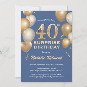 Invitation Surprise 40e anniversaire Ballons bleu et or