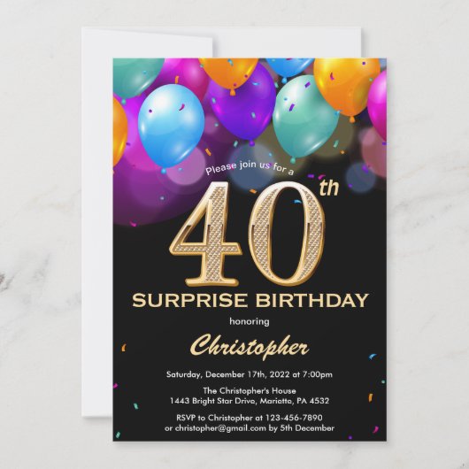 Invitation Surprise 40e anniversaire Ballons Noir et Or (Devant)