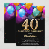 Invitation Surprise 40e anniversaire Ballons Noir et Or (Devant / Derrière)