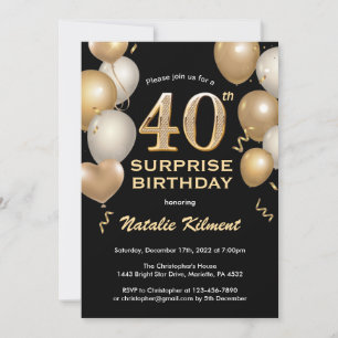 Invitation Surprise 40e anniversaire Ballons Noir et Or
