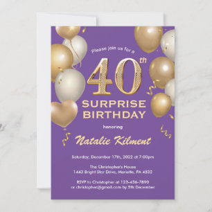 Invitation Surprise 40e anniversaire Ballons violet et or
