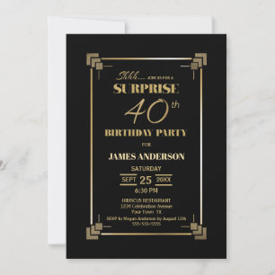 Invitation Surprise 40e anniversaire Black and Gold Party