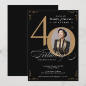 Invitation Surprise 40e anniversaire Black Gold Elegant Custo (Devant / Derrière)