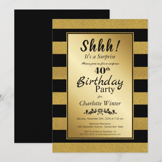 Invitation Surprise 40e anniversaire Black Gold Striped Party (Devant / Derrière)