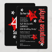 Invitation SURPRISE 40e anniversaire Black Red Grunge Stars 3 (Devant / Derrière)