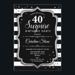 Invitation Surprise 40e anniversaire - Black White Silver<br><div class="desc">Invitation surprise 40e anniversaire. Design classique avec rayures noir et blanc,  police de script et argent de parties scintillant. Parfait pour une soirée d'anniversaire élégante. Peut être personnalisé pour montrer n'importe quel âge. Message-moi si vous avez besoin d'une personnalisation plus poussée.</div>