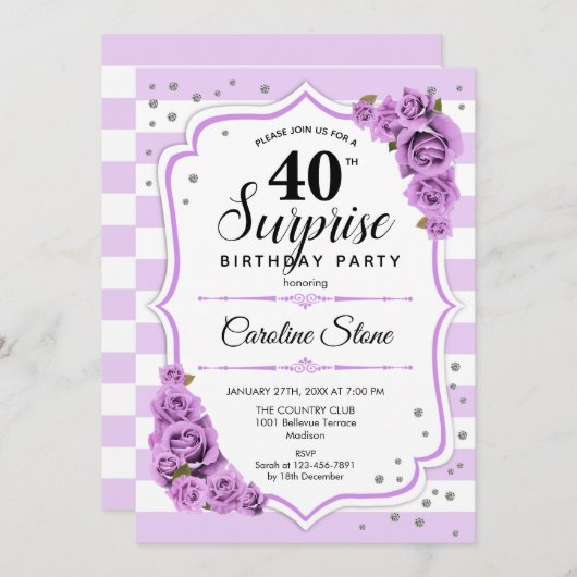 Invitation Surprise 40e anniversaire -Blanc pourpre (Devant / Derrière)