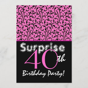 Invitation SURPRISE 40e anniversaire Bright Pink Black Swirls