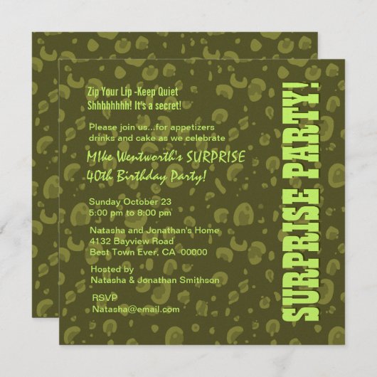 Invitation SURPRISE 40e anniversaire Camo Confetti vert (Devant / Derrière)