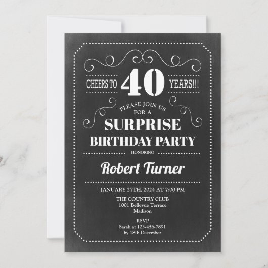 Invitation Surprise 40e anniversaire - Chalkboard N'IMPORTE Q (Devant)