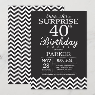 Invitation Surprise 40e Anniversaire Chevron Noir et Blanc