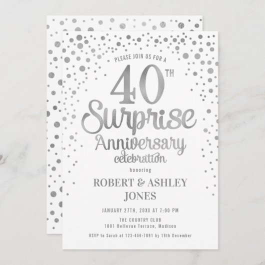 Invitation Surprise 40e anniversaire de Mariage - Argent & Bl (Devant / Derrière)