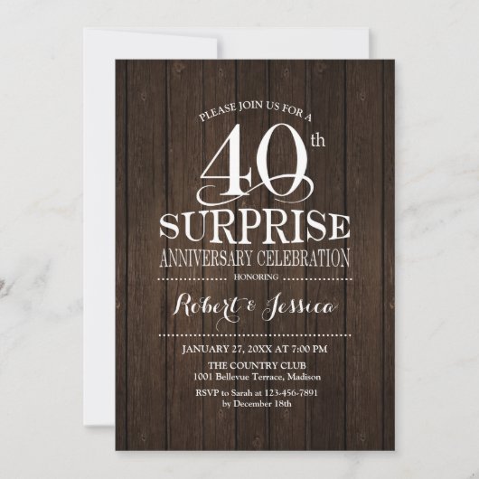 Invitation Surprise 40e anniversaire de mariage en bois (Devant)