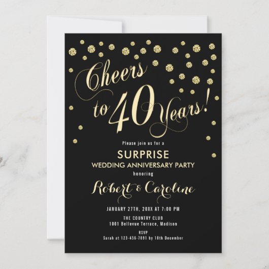 Invitation Surprise 40e anniversaire de mariage - Noir & Or (Devant)