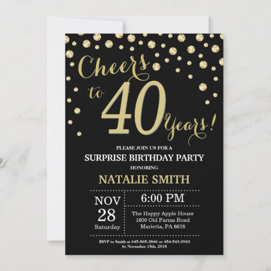 Invitation Surprise 40e anniversaire Diamant noir et or (Devant)