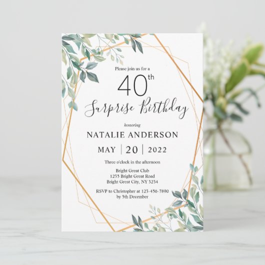Invitation Surprise 40e anniversaire Eucalyptus Vert & Or (Debout devant)