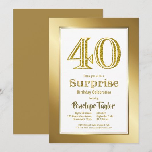 Invitation Surprise 40e anniversaire Gold Party (Devant / Derrière)