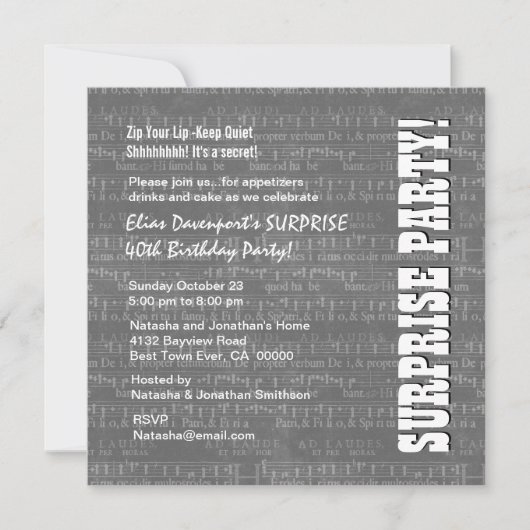 Invitation SURPRISE 40e anniversaire Grey White Music Notes G (Devant)