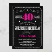 Invitation Surprise 40e anniversaire Hot rose et noir (Devant / Derrière)
