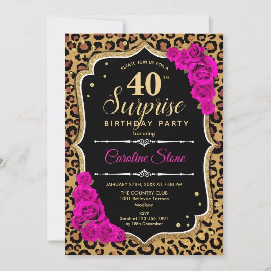 Invitation Surprise 40e anniversaire - Leopard Black Gold Ros (Devant)