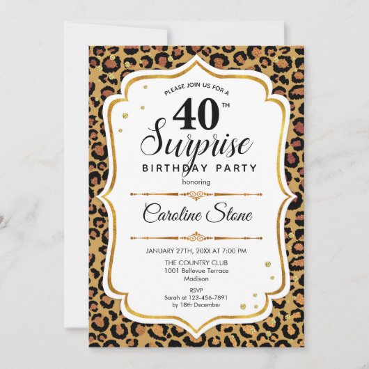 Invitation Surprise 40e anniversaire - Leopard Gold White (Devant)