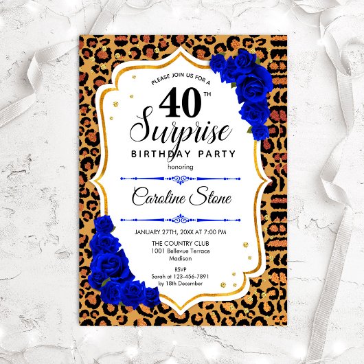 Invitation Surprise 40e anniversaire - Léopard Or Royal Bleu