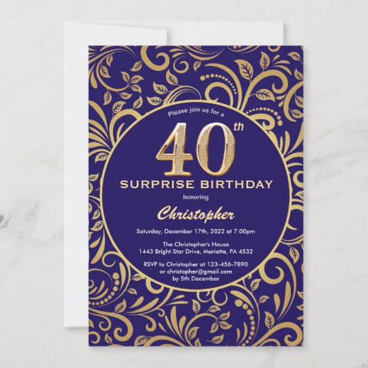 Invitation Surprise 40e anniversaire Marine bleu et or floral (Devant)