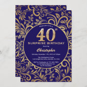 Invitation Surprise 40e anniversaire Marine bleu et or floral (Devant / Derrière)