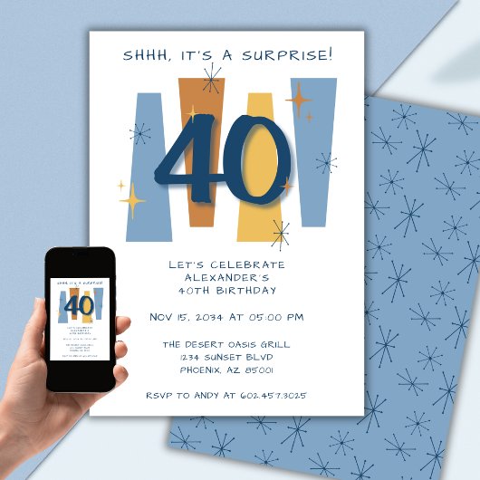Invitation Surprise 40e anniversaire Midsiècle moderne bleu