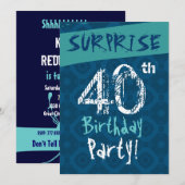 Invitation SURPRISE 40e anniversaire Modèle bleu et aquatique (Devant / Derrière)