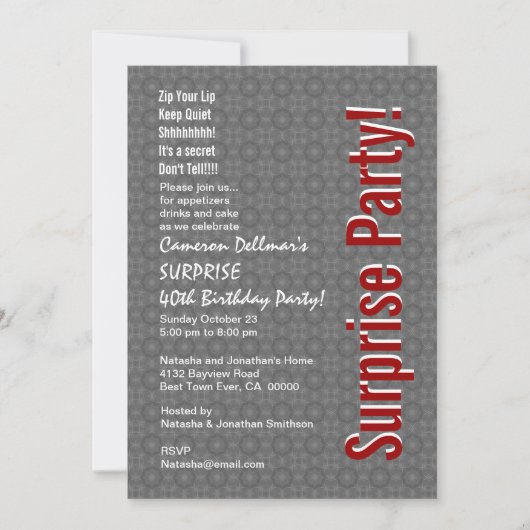 Invitation SURPRISE 40e anniversaire Modern Grey and Red H431 (Devant)